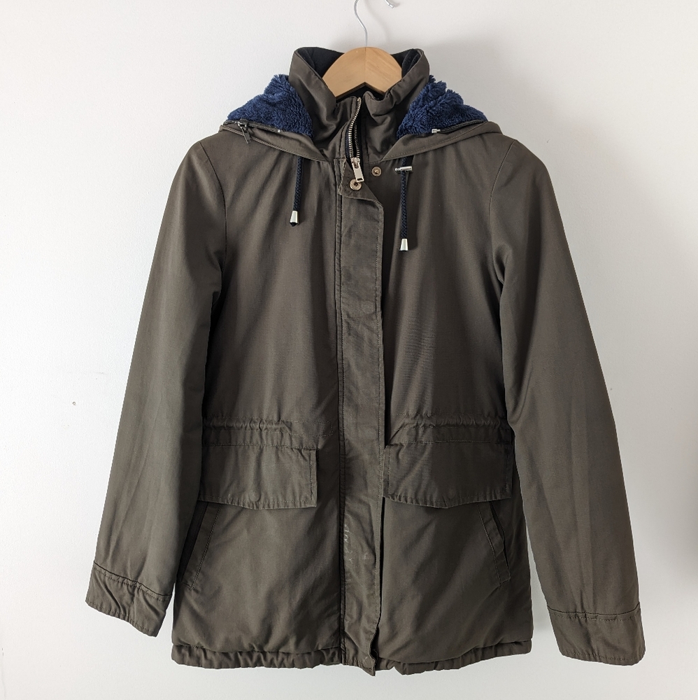 Barneys New York Hooded Zip Up Army Green Coat w/ Inner Waist Draw Strings